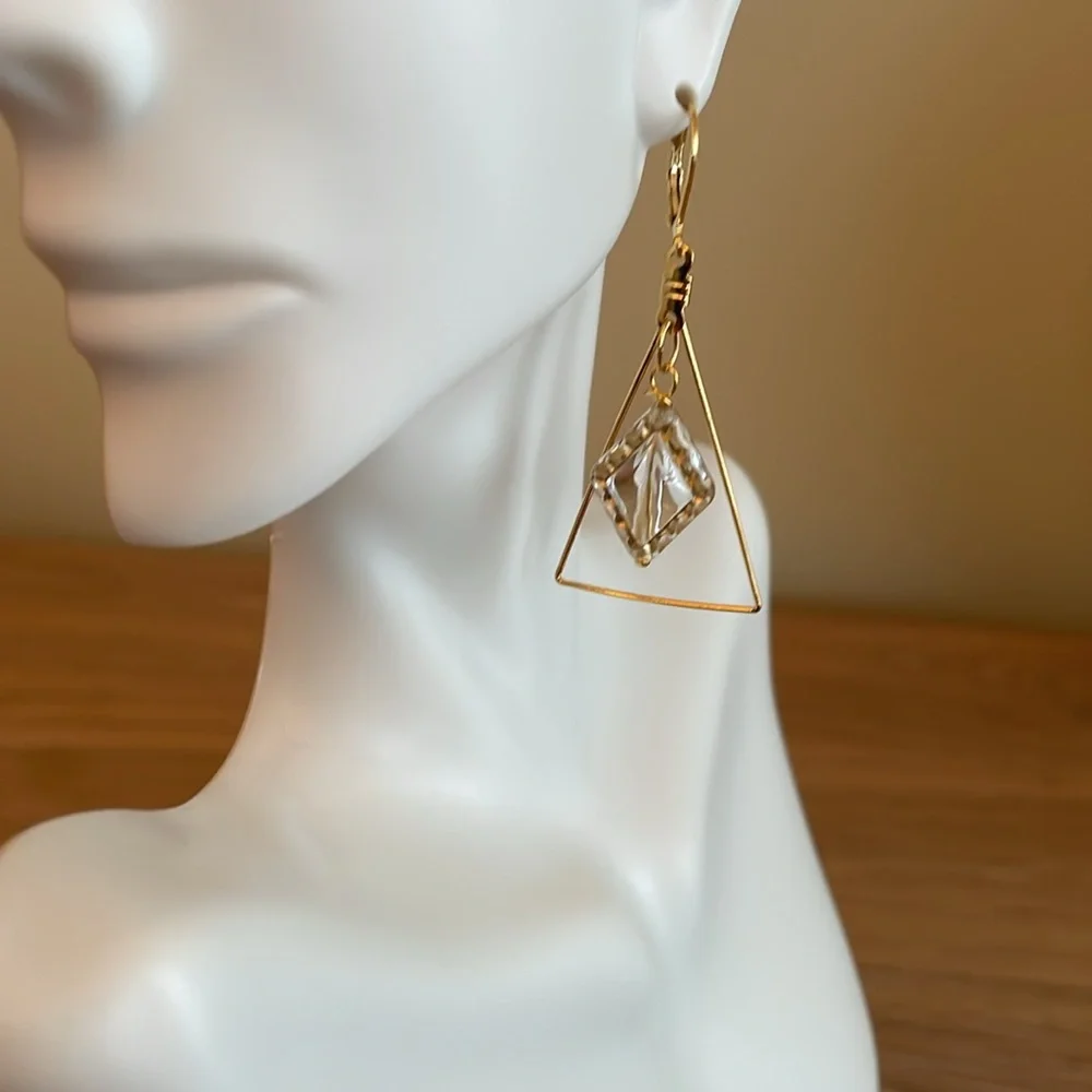 HAND CRAFTED TRIANGULAR PIERCED EARRINGS Gold Clear Statement Drop